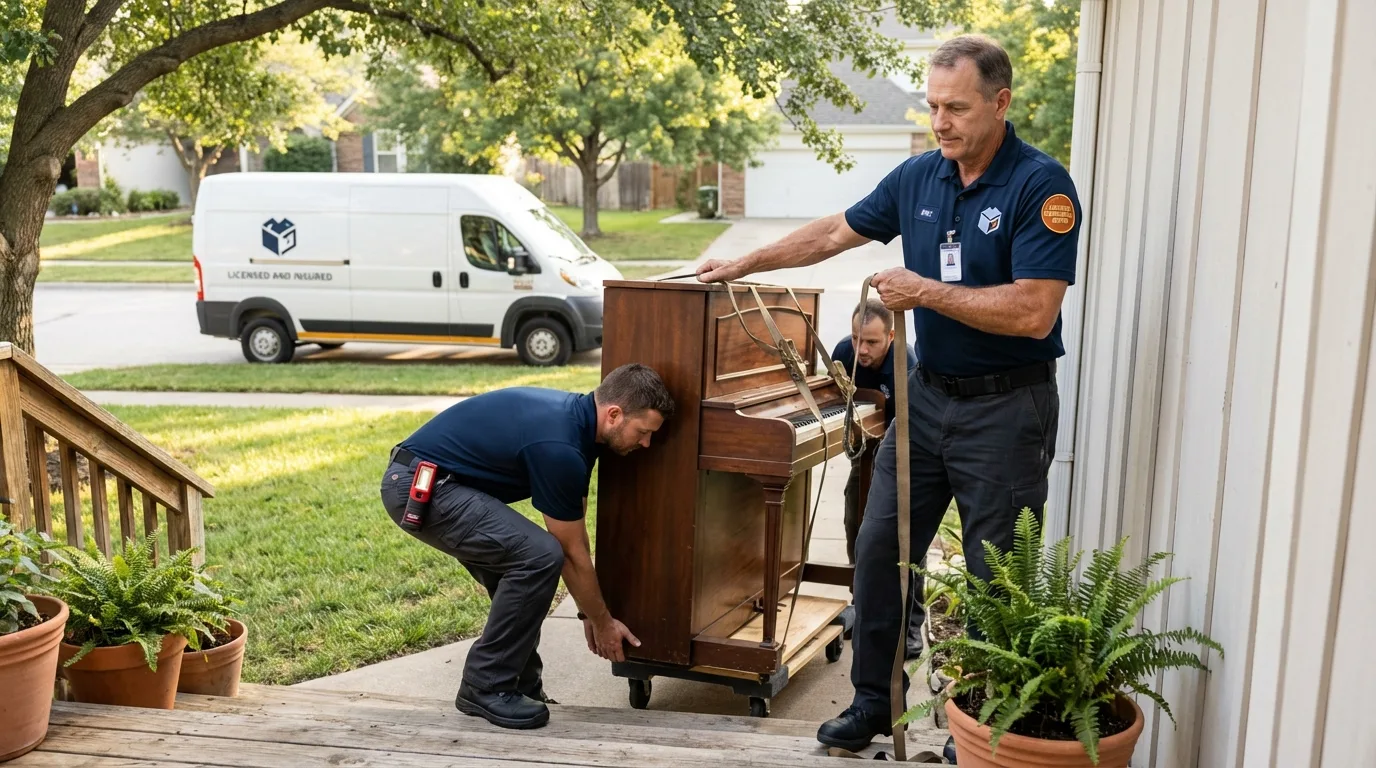 Licensed piano movers securing grand piano in Crystal Lake, IL